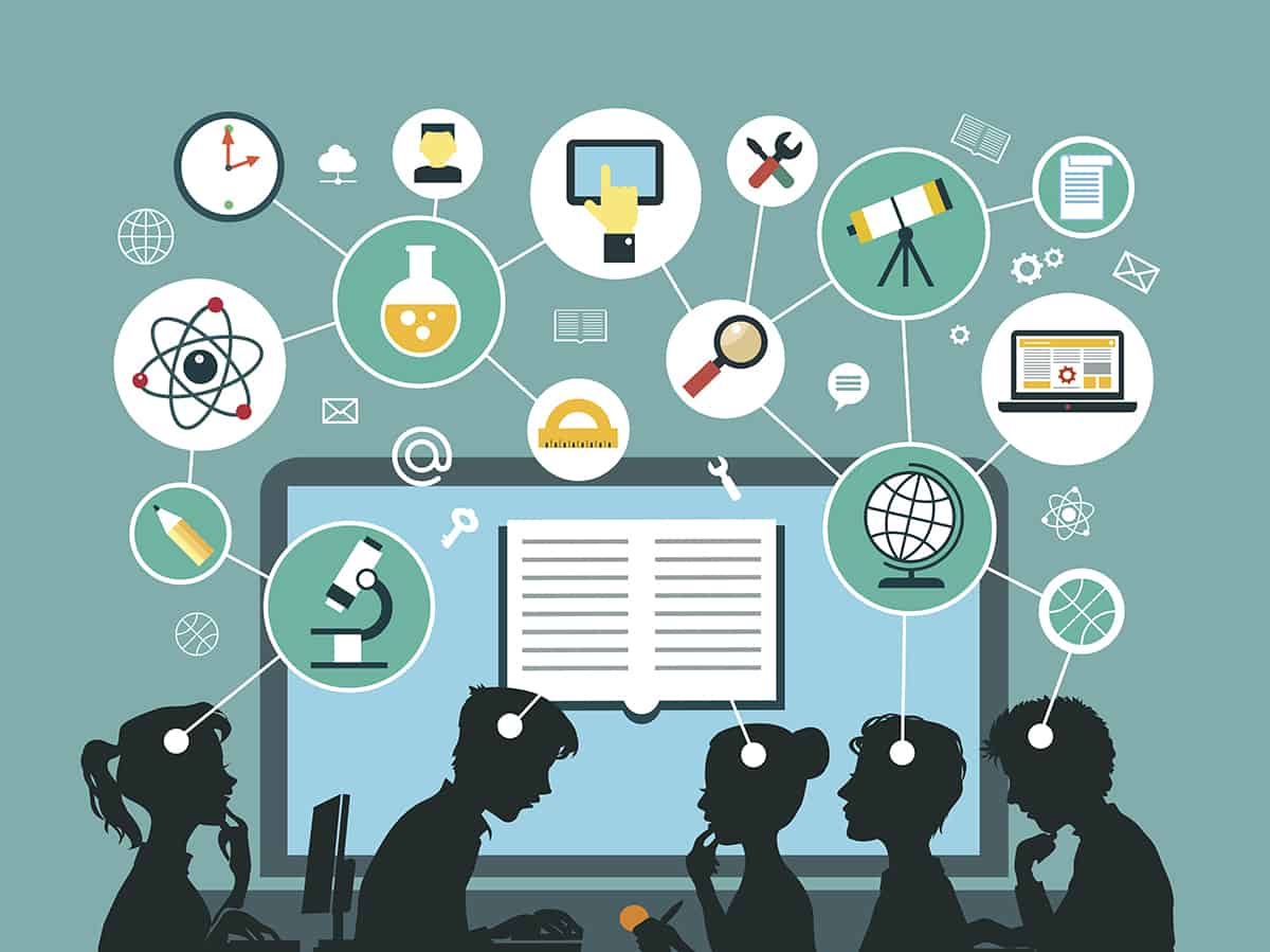 Vector illustration. Silhouettes of young people with online education icons on the background of a large notebook.