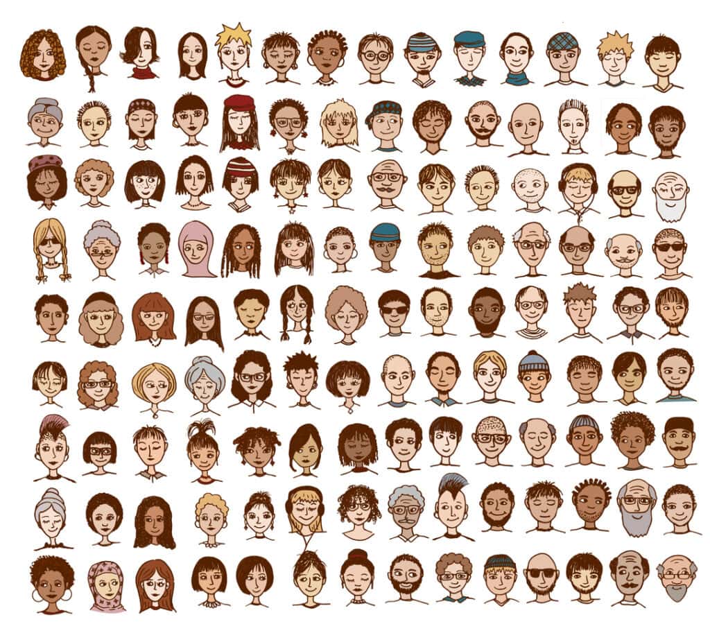 Collection of cute and diverse hand drawn faces in color