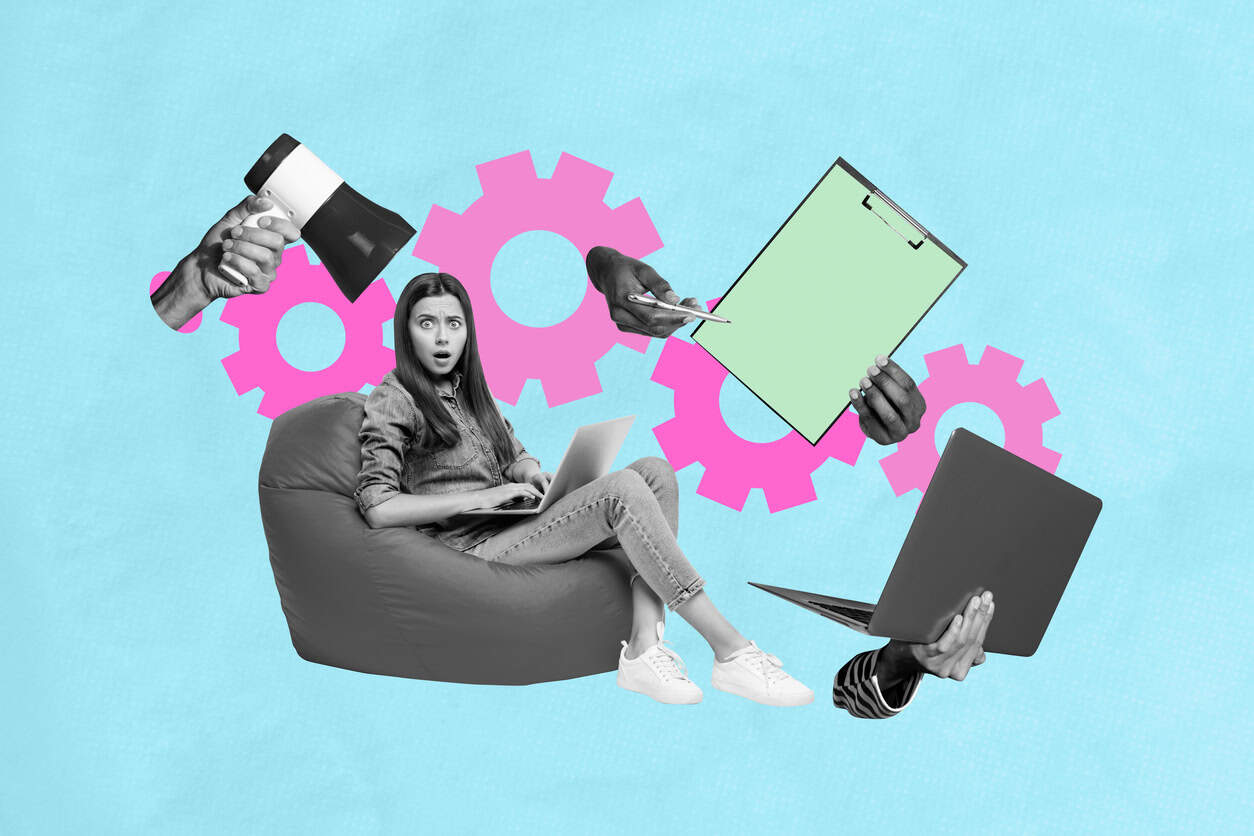 Contemporary art banner collage of shocked businesswoman sit workplace hands hold clipboard megaphone laptop workload pressure.