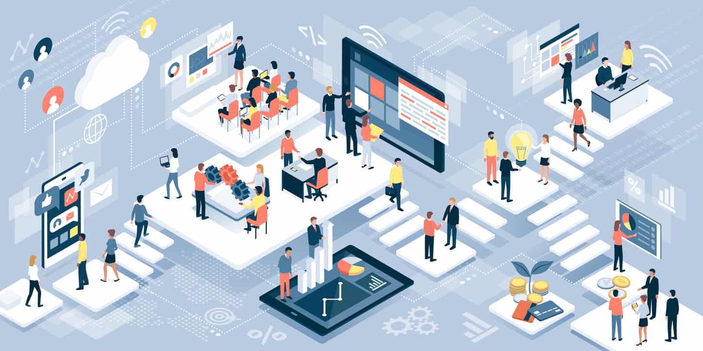 Isometric virtual office with business people working together and mobile devices: business management, online communication and finance concept
